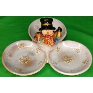 Frosty Ceramic Christmas Holiday Snowman Snack Tray Divided Dish 3 Sections